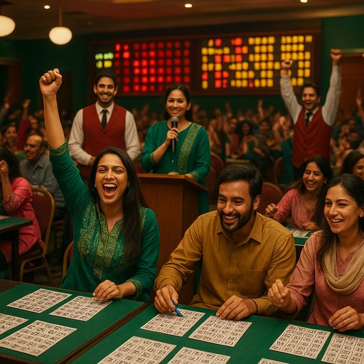 A bustling bingo hall with players and staff, cards on tables, and a cheering crowd during prize draws in a lively Pakistan casino setting.