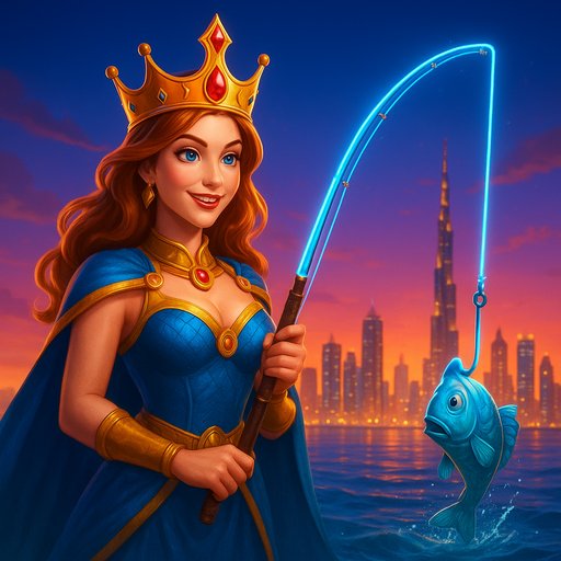 Fishing Queen Li hero banner depicting a regal queen of the sea wielding a glowing fishing rod against a vibrant skyline. This image captures the playful, casino-style mood designed for online gaming in Pakistan. The scene invites mobile players to join the fun.