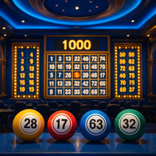 A vibrant bingo hall with bright prize boards and numbered balls, capturing the excitement of D666 Top Prize Numbers. The lighting is dynamic with blue and gold accents, creating a premium gaming mood.