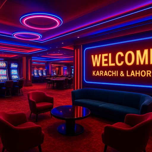 D666 Pakistan casino lobby with neon lighting and a bold promotional banner. The scene conveys a premium gaming atmosphere for players in Karachi and Lahore.