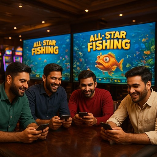 Group of Pakistani players in a casino-like setting enjoying All-Star Fishing on large screens. The scene highlights community play and competition among players from Karachi and Lahore.