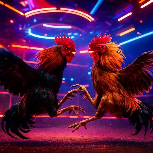 D666 Rooster Ramble arena with neon lights and dynamic roosters in a digital battle. The image captures a high-energy betting environment with vivid colors and fast motion.