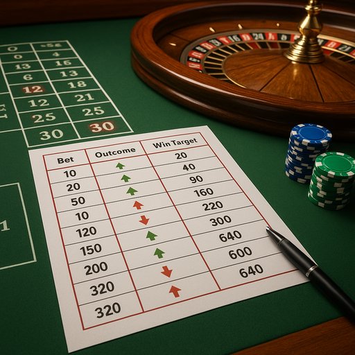 Strategy chart and betting progression for European Roulette Pro showing risk management and win targets, useful for players in Pakistan refining their approach.