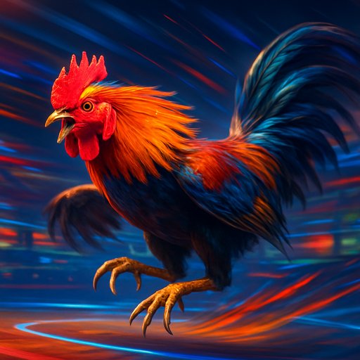 Close-up view of a vivid virtual rooster mid-battle in a digital arena, with fast motion lines and bold colors. The image showcases rapid betting action and immersive gameplay.